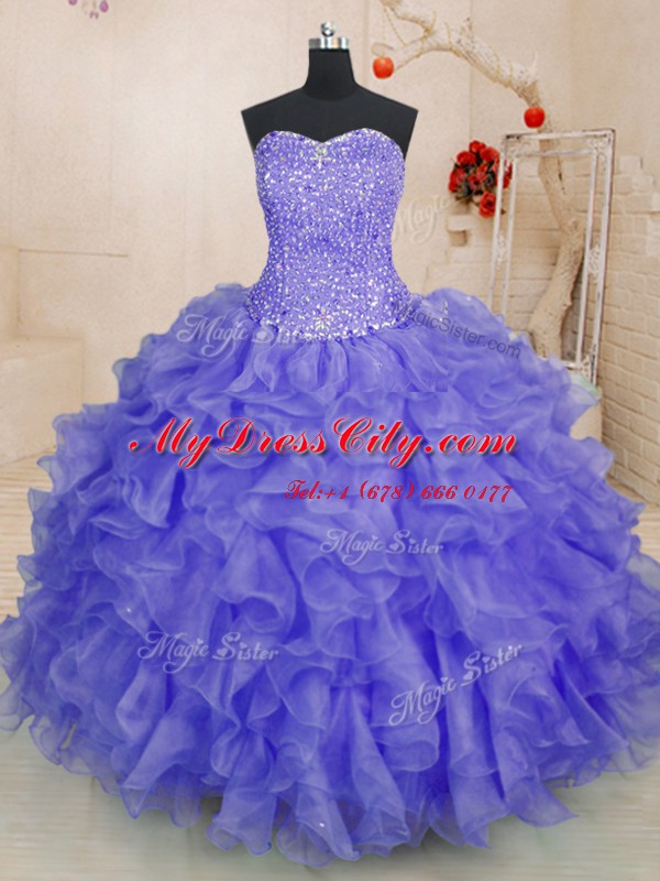 Cheap Floor Length Lavender Sweet 16 Dresses Organza Sleeveless Beading and Ruffles