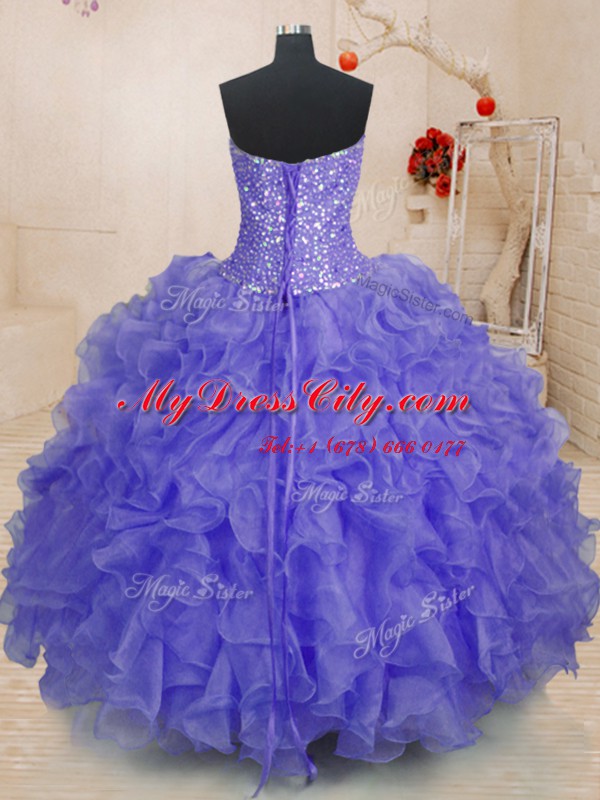 Cheap Floor Length Lavender Sweet 16 Dresses Organza Sleeveless Beading and Ruffles