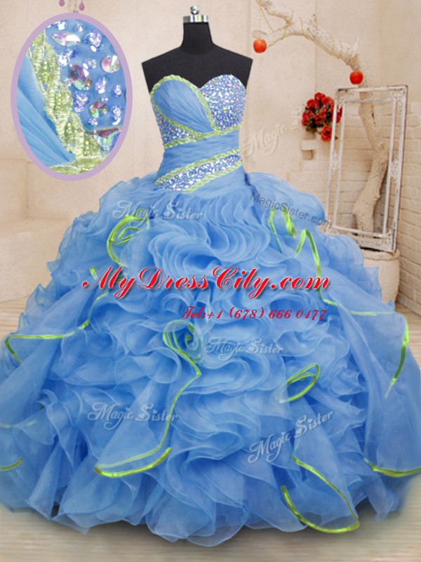 Clearance Blue Ball Gowns Sweetheart Sleeveless Organza With Brush Train Lace Up Beading and Ruffles Quinceanera Dresses