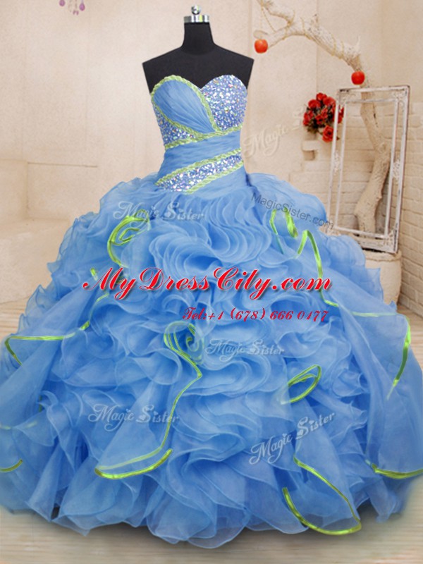 Clearance Blue Ball Gowns Sweetheart Sleeveless Organza With Brush Train Lace Up Beading and Ruffles Quinceanera Dresses