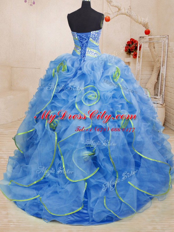 Clearance Blue Ball Gowns Sweetheart Sleeveless Organza With Brush Train Lace Up Beading and Ruffles Quinceanera Dresses