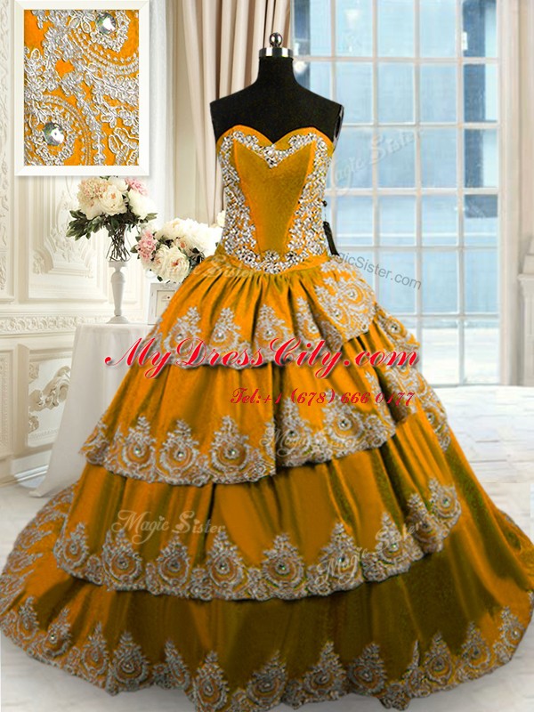 Extravagant Sleeveless Court Train Lace Up With Train Beading and Appliques and Ruffled Layers Quinceanera Dress