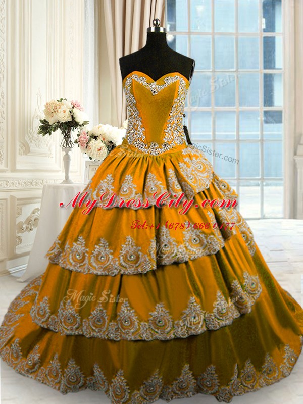 Extravagant Sleeveless Court Train Lace Up With Train Beading and Appliques and Ruffled Layers Quinceanera Dress