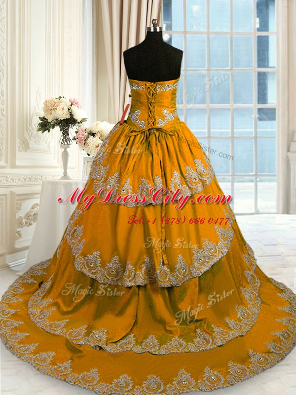 Extravagant Sleeveless Court Train Lace Up With Train Beading and Appliques and Ruffled Layers Quinceanera Dress