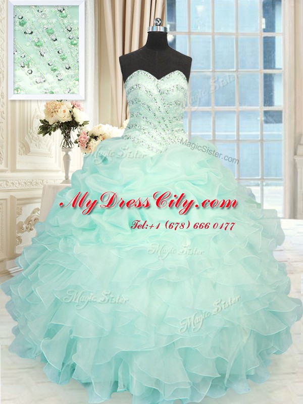 Chic Floor Length Lace Up Ball Gown Prom Dress Apple Green for Military Ball and Sweet 16 and Quinceanera with Beading and Ruffles