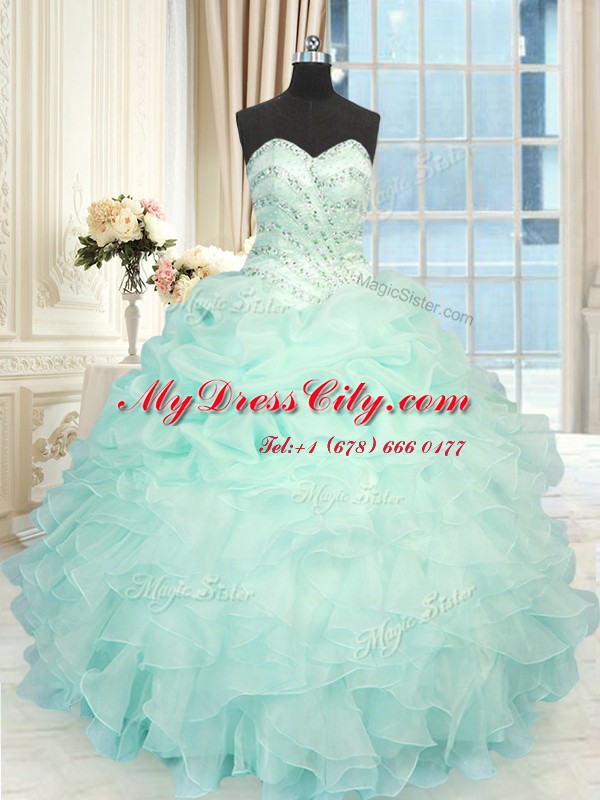 Chic Floor Length Lace Up Ball Gown Prom Dress Apple Green for Military Ball and Sweet 16 and Quinceanera with Beading and Ruffles