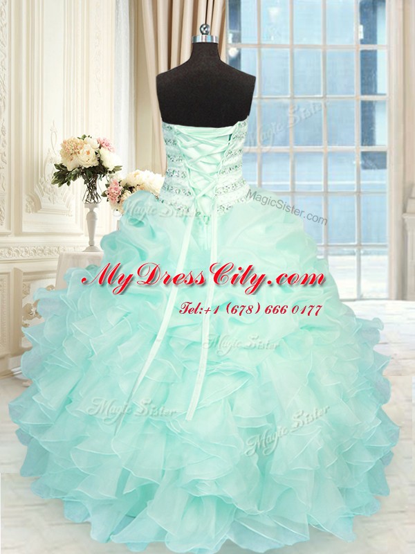 Chic Floor Length Lace Up Ball Gown Prom Dress Apple Green for Military Ball and Sweet 16 and Quinceanera with Beading and Ruffles