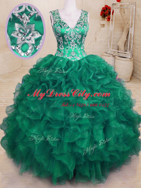 Dark Green V-neck Zipper Beading and Embroidery and Ruffles Quinceanera Dresses Sleeveless