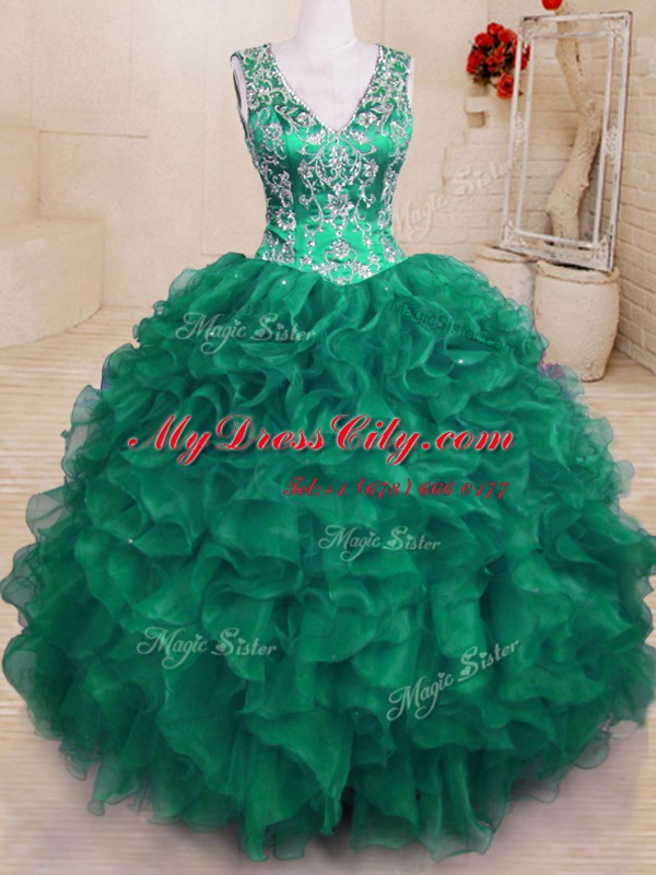 Dark Green V-neck Zipper Beading and Embroidery and Ruffles Quinceanera Dresses Sleeveless