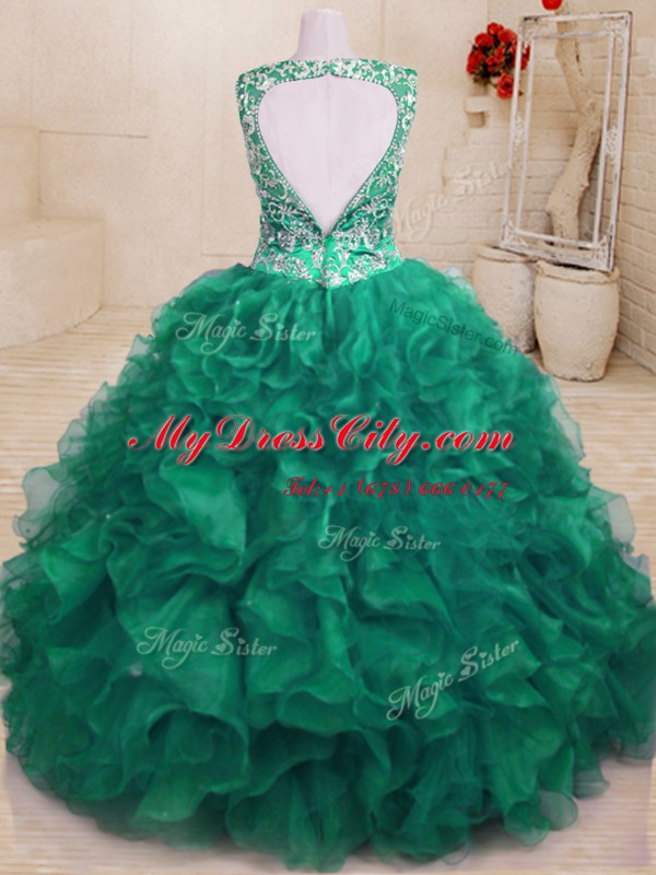 Dark Green V-neck Zipper Beading and Embroidery and Ruffles Quinceanera Dresses Sleeveless