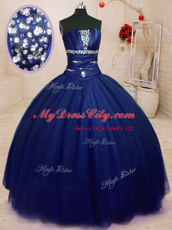 Royal Blue Ball Gowns Tulle Strapless Sleeveless Beading Floor Length Lace Up Vestidos de Quinceanera