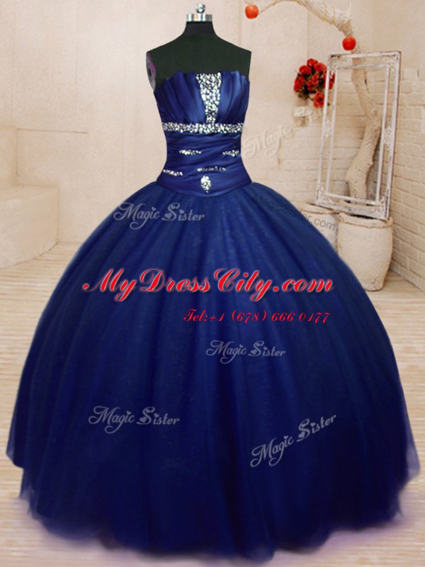 Royal Blue Ball Gowns Tulle Strapless Sleeveless Beading Floor Length Lace Up Vestidos de Quinceanera