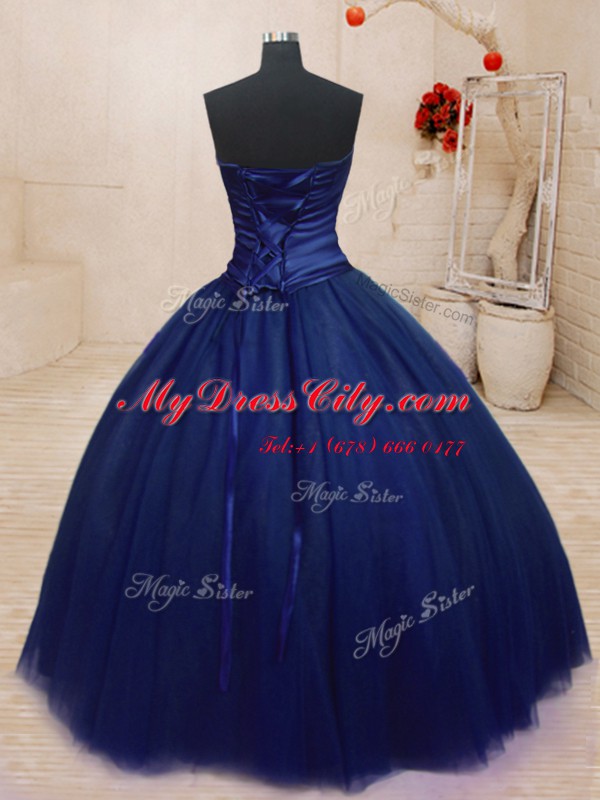 Royal Blue Ball Gowns Tulle Strapless Sleeveless Beading Floor Length Lace Up Vestidos de Quinceanera