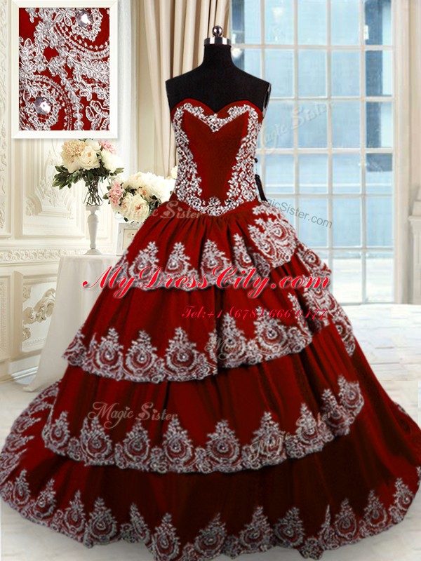 Customized Sleeveless Court Train Beading and Appliques and Ruffled Layers Lace Up 15 Quinceanera Dress