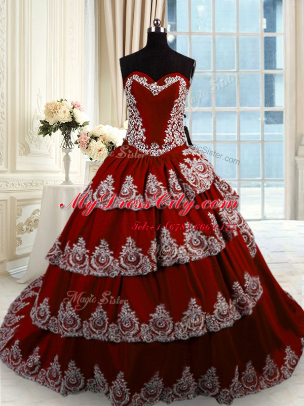 Customized Sleeveless Court Train Beading and Appliques and Ruffled Layers Lace Up 15 Quinceanera Dress