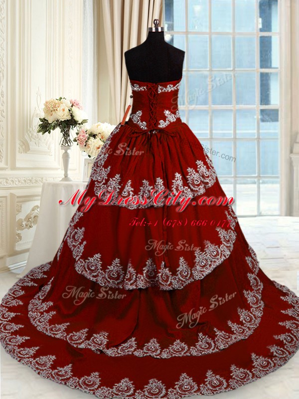 Customized Sleeveless Court Train Beading and Appliques and Ruffled Layers Lace Up 15 Quinceanera Dress