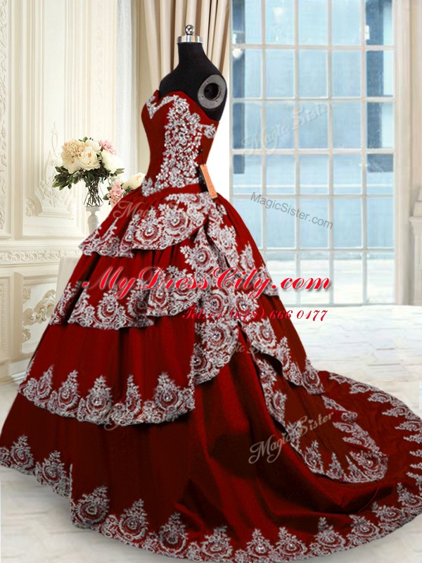 Customized Sleeveless Court Train Beading and Appliques and Ruffled Layers Lace Up 15 Quinceanera Dress