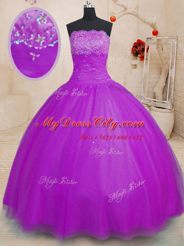 Purple Sleeveless Tulle Lace Up 15 Quinceanera Dress for Military Ball and Sweet 16 and Quinceanera