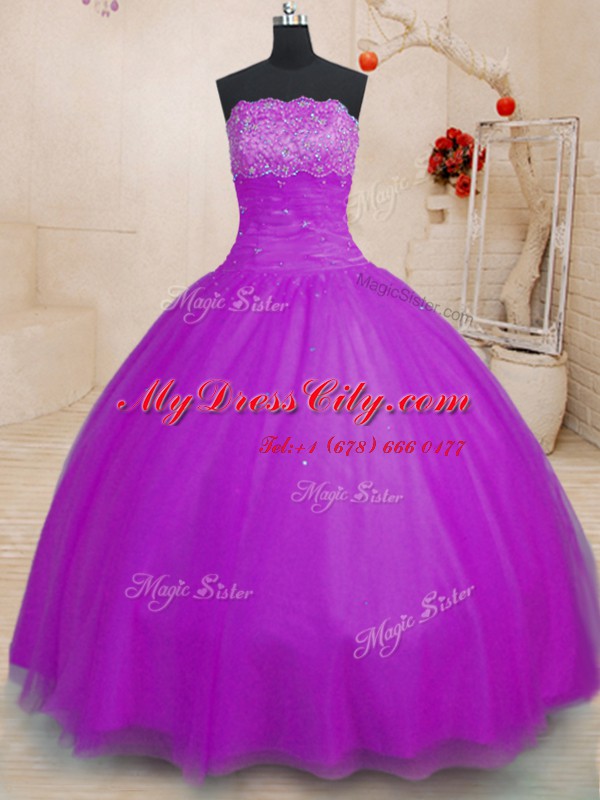 Purple Sleeveless Tulle Lace Up 15 Quinceanera Dress for Military Ball and Sweet 16 and Quinceanera