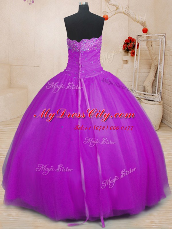 Purple Sleeveless Tulle Lace Up 15 Quinceanera Dress for Military Ball and Sweet 16 and Quinceanera