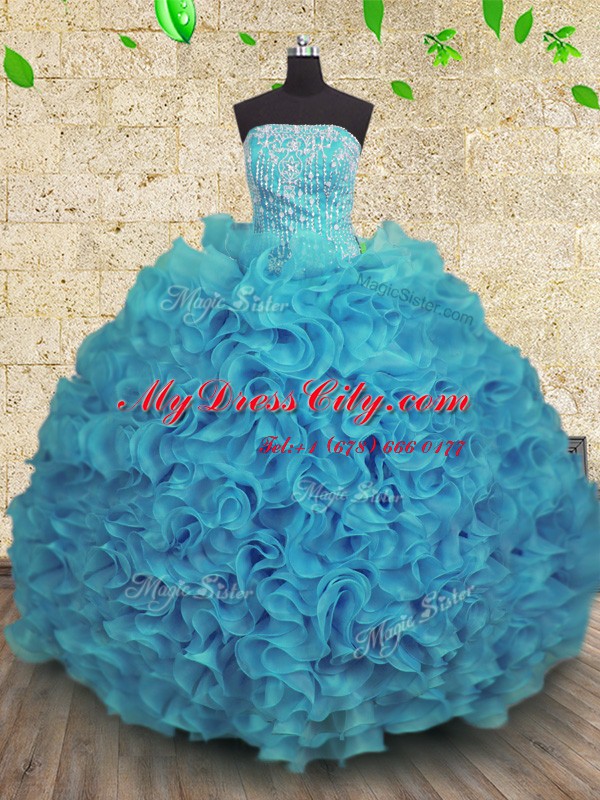 Eye-catching Aqua Blue Strapless Neckline Beading and Ruffles Quinceanera Gowns Sleeveless Lace Up