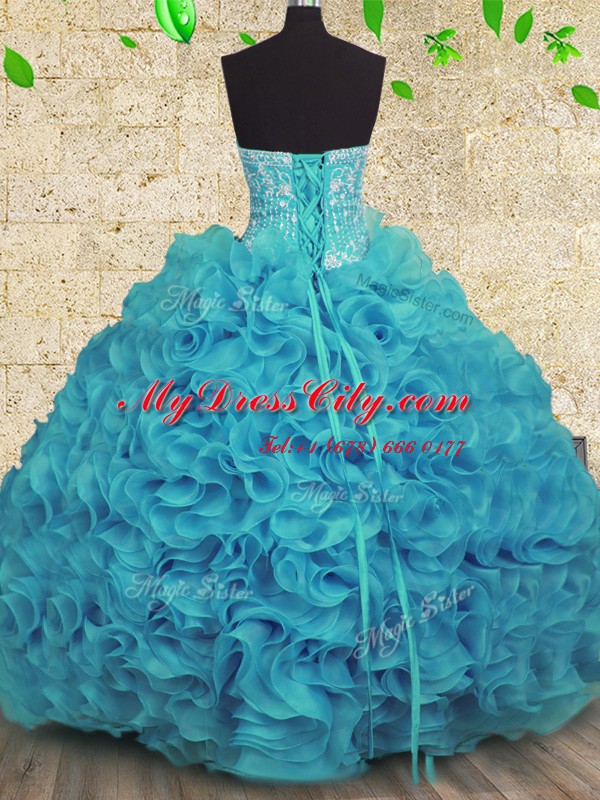 Eye-catching Aqua Blue Strapless Neckline Beading and Ruffles Quinceanera Gowns Sleeveless Lace Up