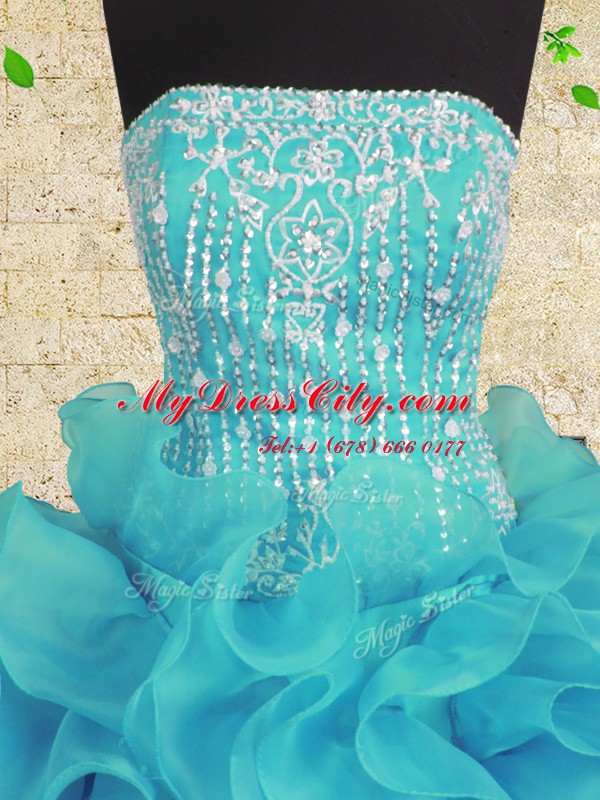 Eye-catching Aqua Blue Strapless Neckline Beading and Ruffles Quinceanera Gowns Sleeveless Lace Up