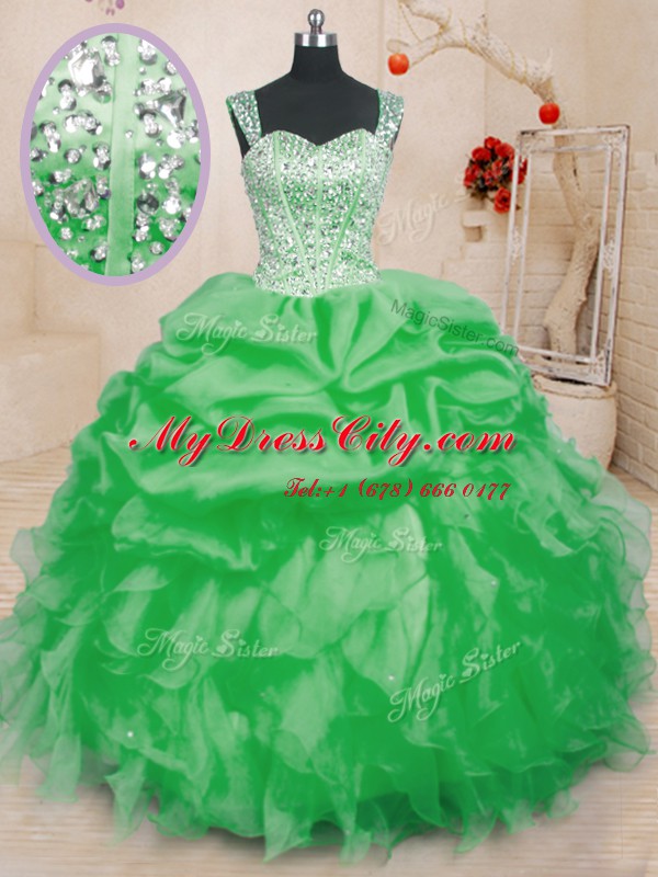 High Class Straps Sleeveless Organza Sweet 16 Dresses Beading and Ruffles and Pick Ups Lace Up