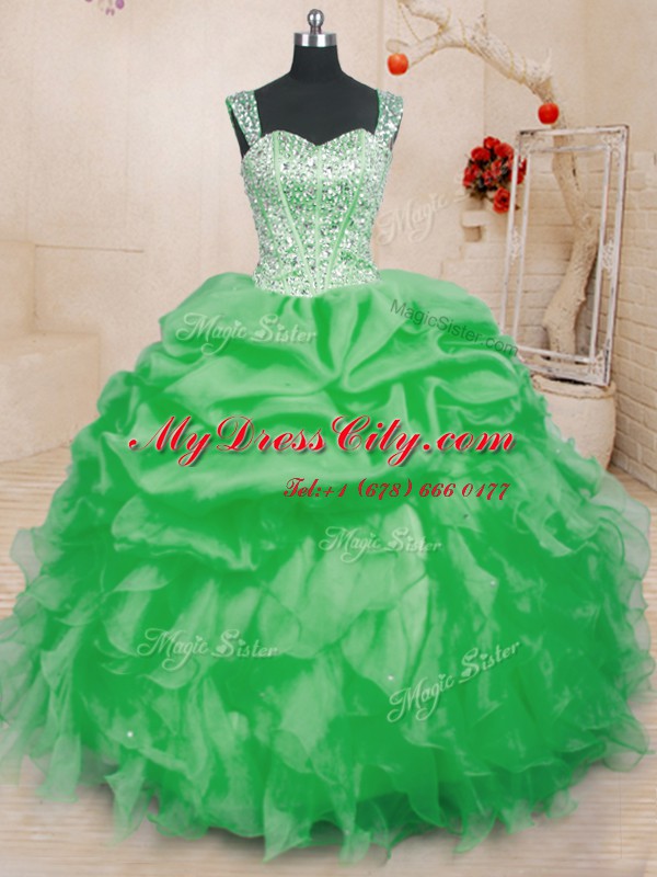 High Class Straps Sleeveless Organza Sweet 16 Dresses Beading and Ruffles and Pick Ups Lace Up