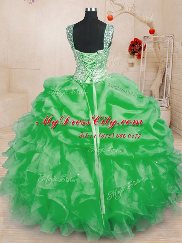 High Class Straps Sleeveless Organza Sweet 16 Dresses Beading and Ruffles and Pick Ups Lace Up