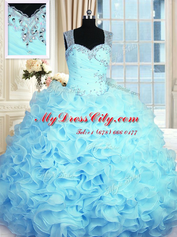 Fitting Aqua Blue Organza Zipper Quinceanera Gowns Sleeveless Floor Length Beading and Ruffles