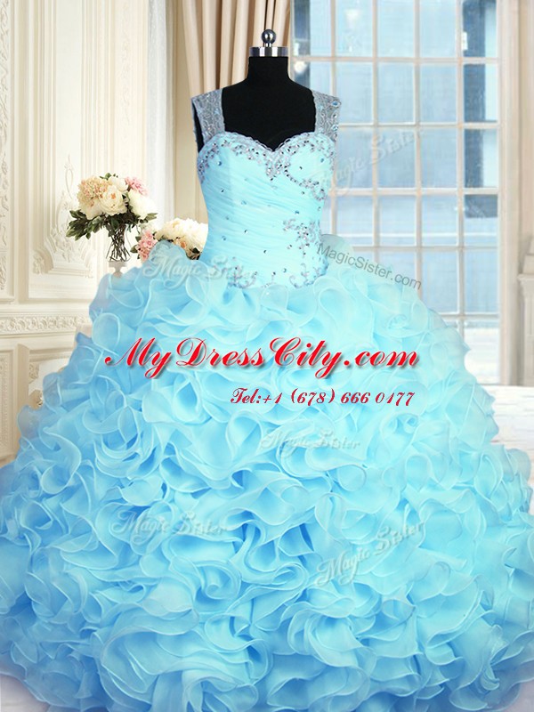 Fitting Aqua Blue Organza Zipper Quinceanera Gowns Sleeveless Floor Length Beading and Ruffles