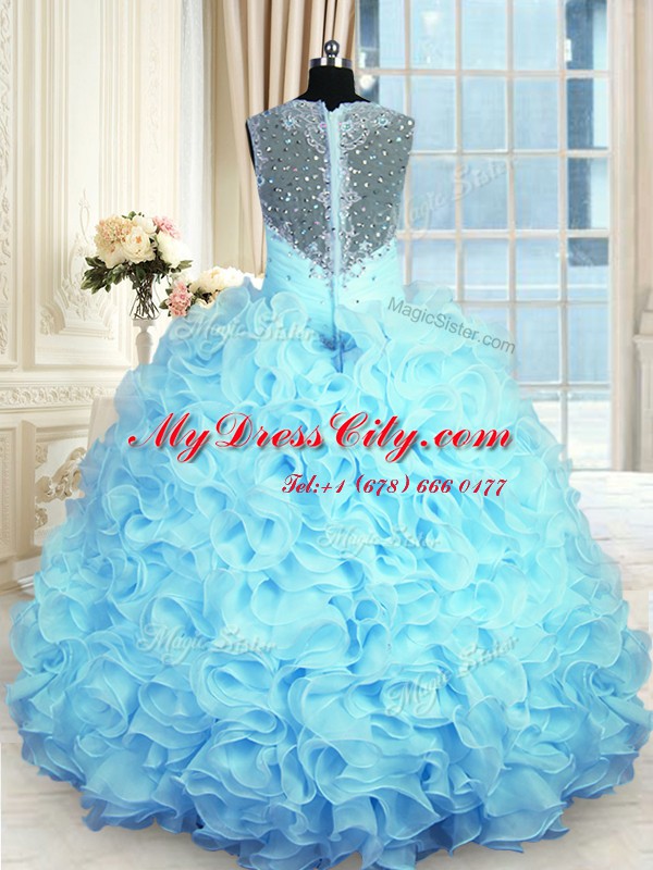 Fitting Aqua Blue Organza Zipper Quinceanera Gowns Sleeveless Floor Length Beading and Ruffles