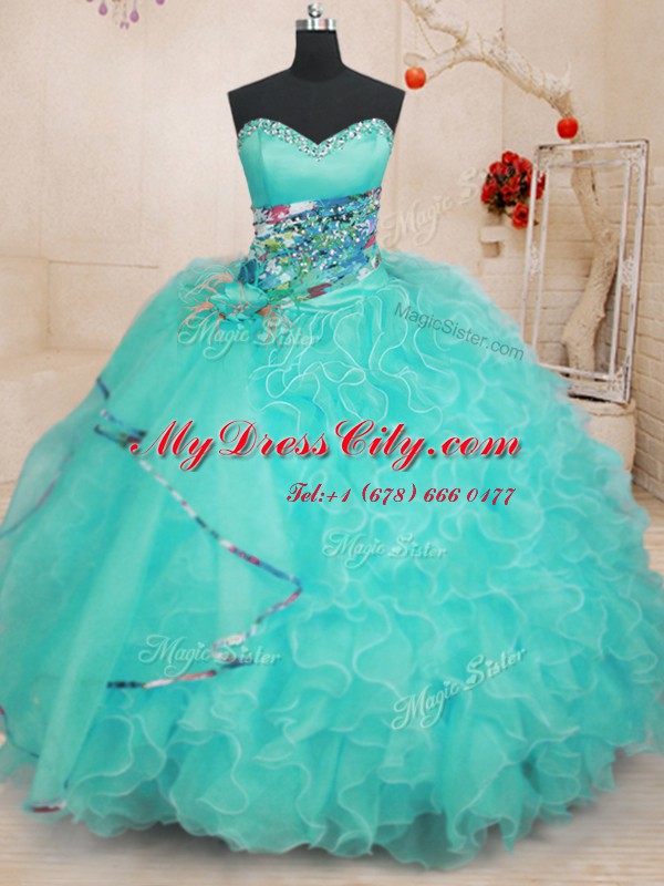 Floor Length Aqua Blue Quinceanera Gown Sweetheart Sleeveless Lace Up