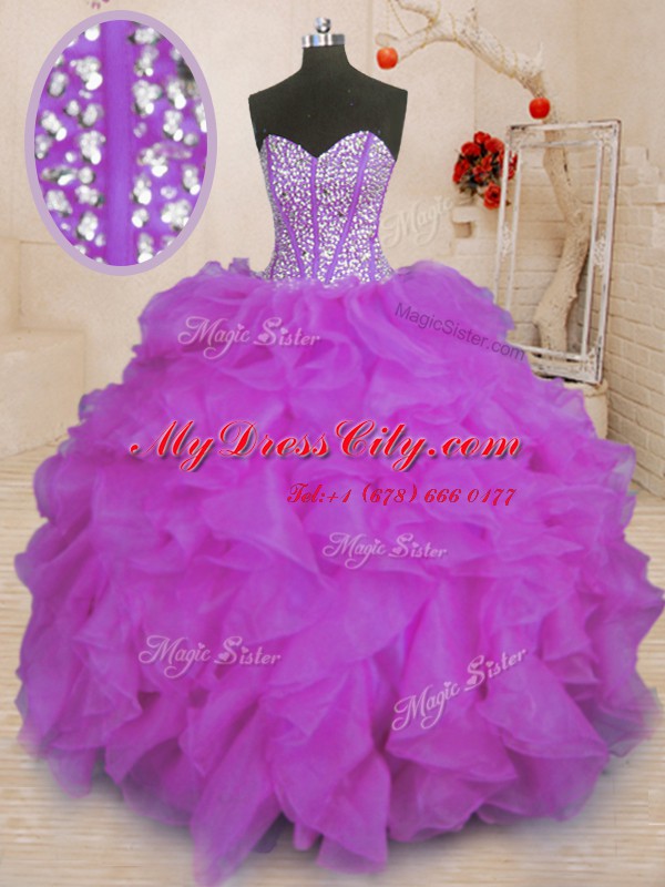 Beading and Ruffles Quinceanera Dress Purple Lace Up Sleeveless Floor Length