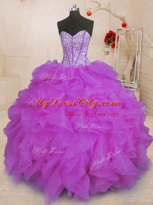 Beading and Ruffles Quinceanera Dress Purple Lace Up Sleeveless Floor Length