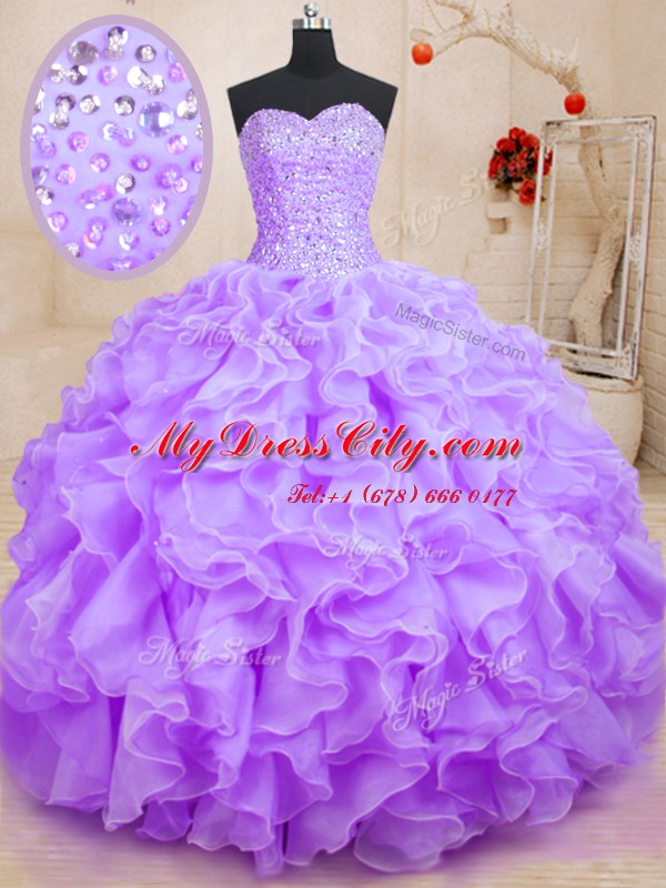 High Class Beading and Ruffles Quinceanera Dress Lavender Lace Up Sleeveless Floor Length