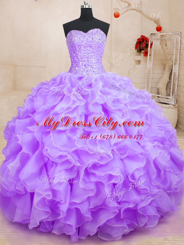 High Class Beading and Ruffles Quinceanera Dress Lavender Lace Up Sleeveless Floor Length