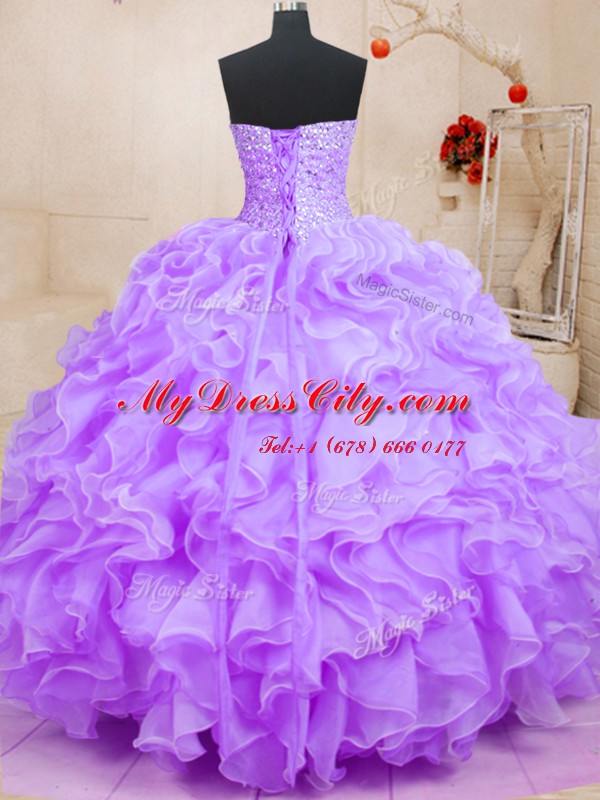 High Class Beading and Ruffles Quinceanera Dress Lavender Lace Up Sleeveless Floor Length