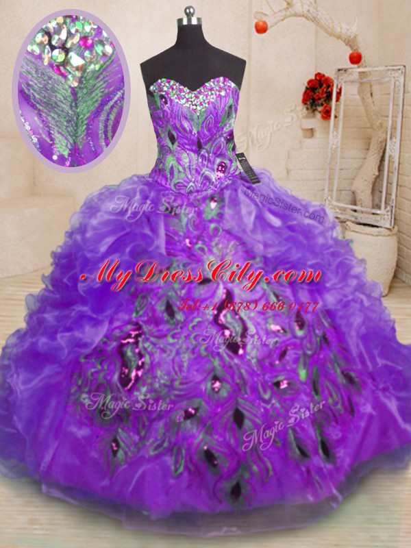 Customized Purple Zipper Sweetheart Beading and Appliques and Ruffles Quince Ball Gowns Organza Sleeveless