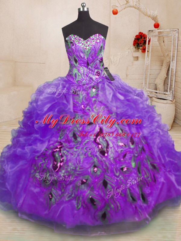 Customized Purple Zipper Sweetheart Beading and Appliques and Ruffles Quince Ball Gowns Organza Sleeveless