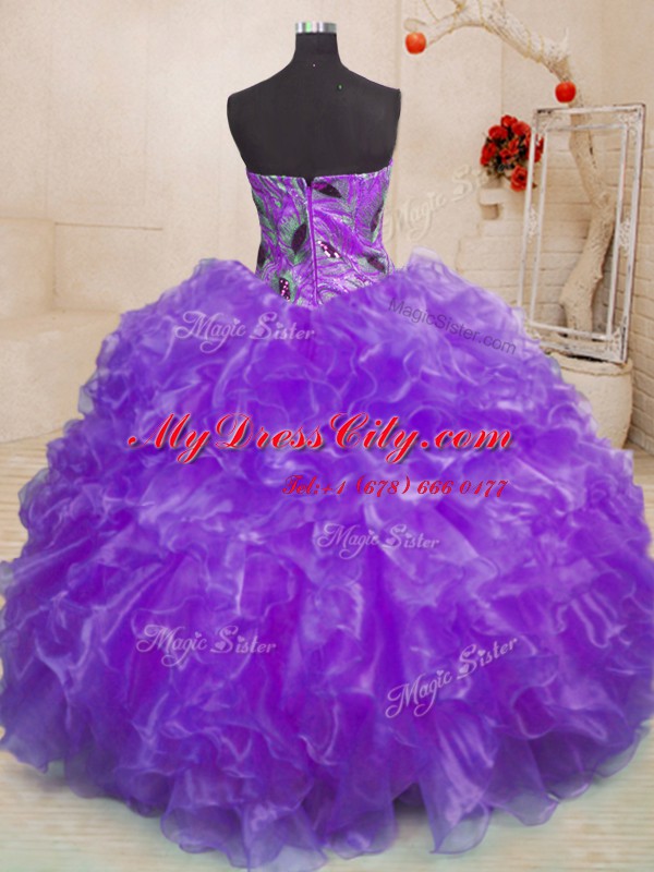 Customized Purple Zipper Sweetheart Beading and Appliques and Ruffles Quince Ball Gowns Organza Sleeveless