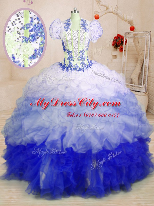 Cute Organza Sleeveless With Train Quinceanera Gown Brush Train and Beading and Appliques and Ruffles