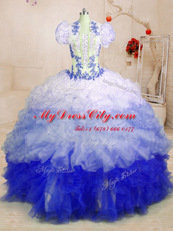 Cute Organza Sleeveless With Train Quinceanera Gown Brush Train and Beading and Appliques and Ruffles