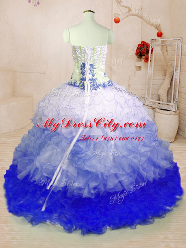 Cute Organza Sleeveless With Train Quinceanera Gown Brush Train and Beading and Appliques and Ruffles