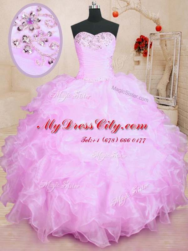 Cute Lilac Quinceanera Gown Military Ball and Sweet 16 and Quinceanera and For with Beading and Ruffles Sweetheart Sleeveless Lace Up