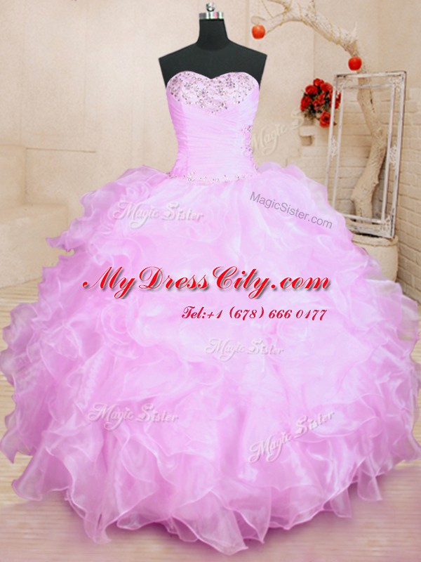 Cute Lilac Quinceanera Gown Military Ball and Sweet 16 and Quinceanera and For with Beading and Ruffles Sweetheart Sleeveless Lace Up