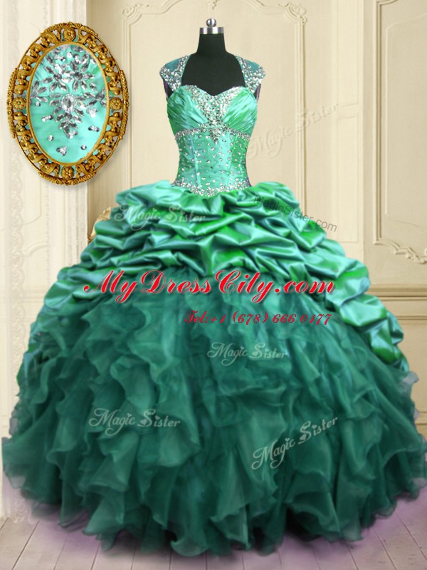 Cap Sleeves With Train Beading and Ruffles and Pick Ups Lace Up Quinceanera Gowns with Turquoise Brush Train