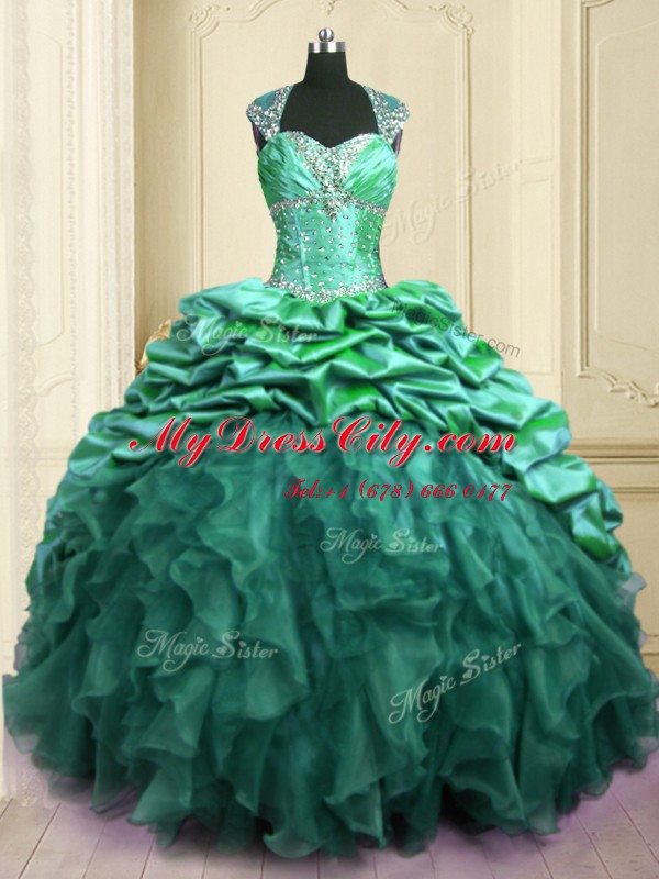 Cap Sleeves With Train Beading and Ruffles and Pick Ups Lace Up Quinceanera Gowns with Turquoise Brush Train