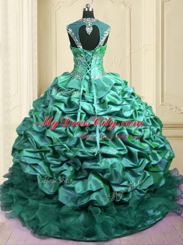 Cap Sleeves With Train Beading and Ruffles and Pick Ups Lace Up Quinceanera Gowns with Turquoise Brush Train